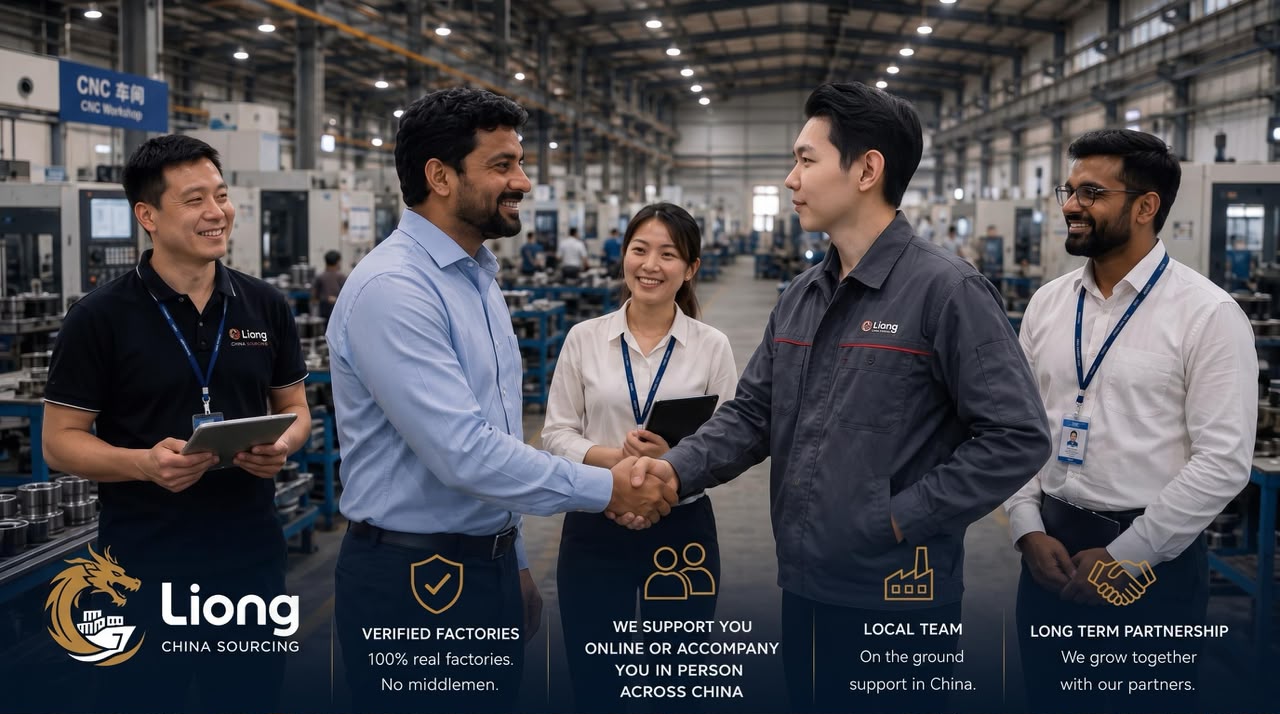 The Liong team meeting a factory owner on the floor of a CNC workshop in China